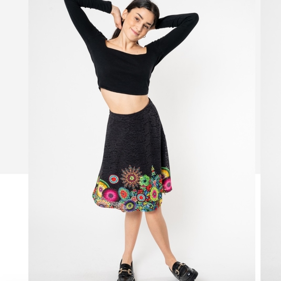 Desigual Dresses & Skirts - Desigual Black Lace Mini  Skirt Bright Floral Abstract Print Women's SZ 9